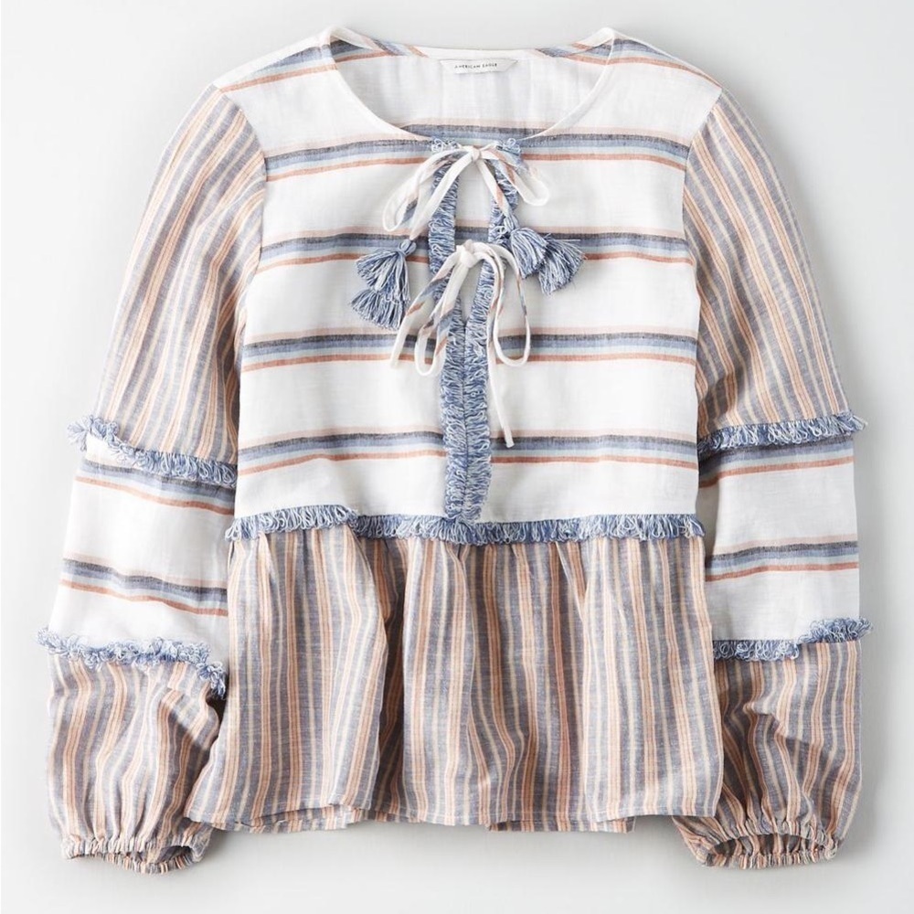 American Eagle Striped Boho Peasant Tassel Tie Linen Cotton Blouse